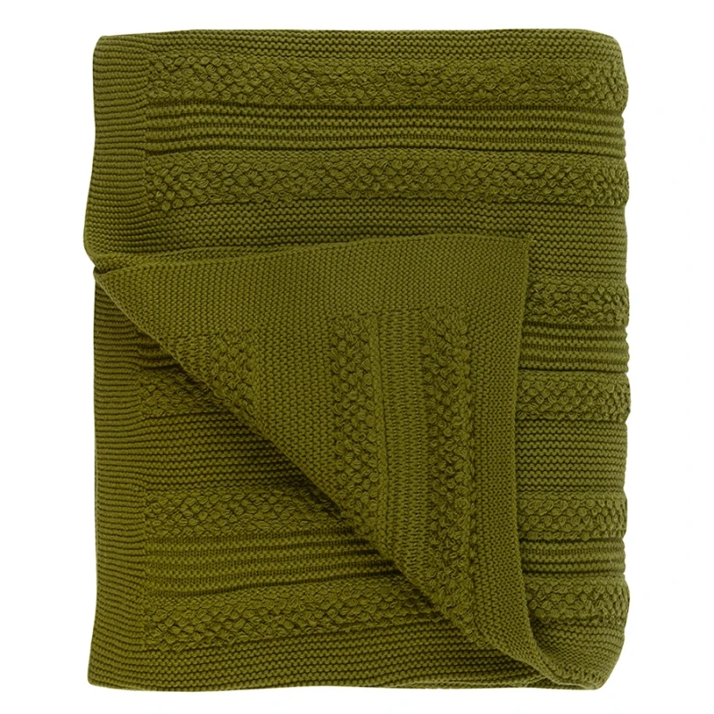 Плед Tkano Essential из хлопка с буклированной вязкой, оливковый, (130x170 см)