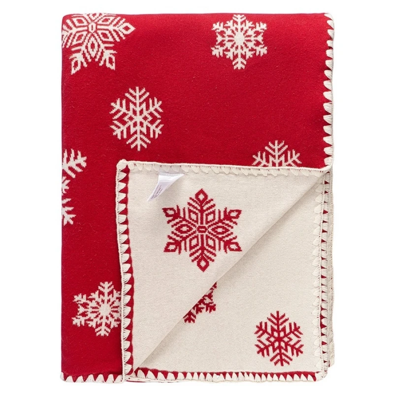 Плед Tkano New Year Essential Fluffy Snowflakes, 100% хлопок красный (130x180 см)